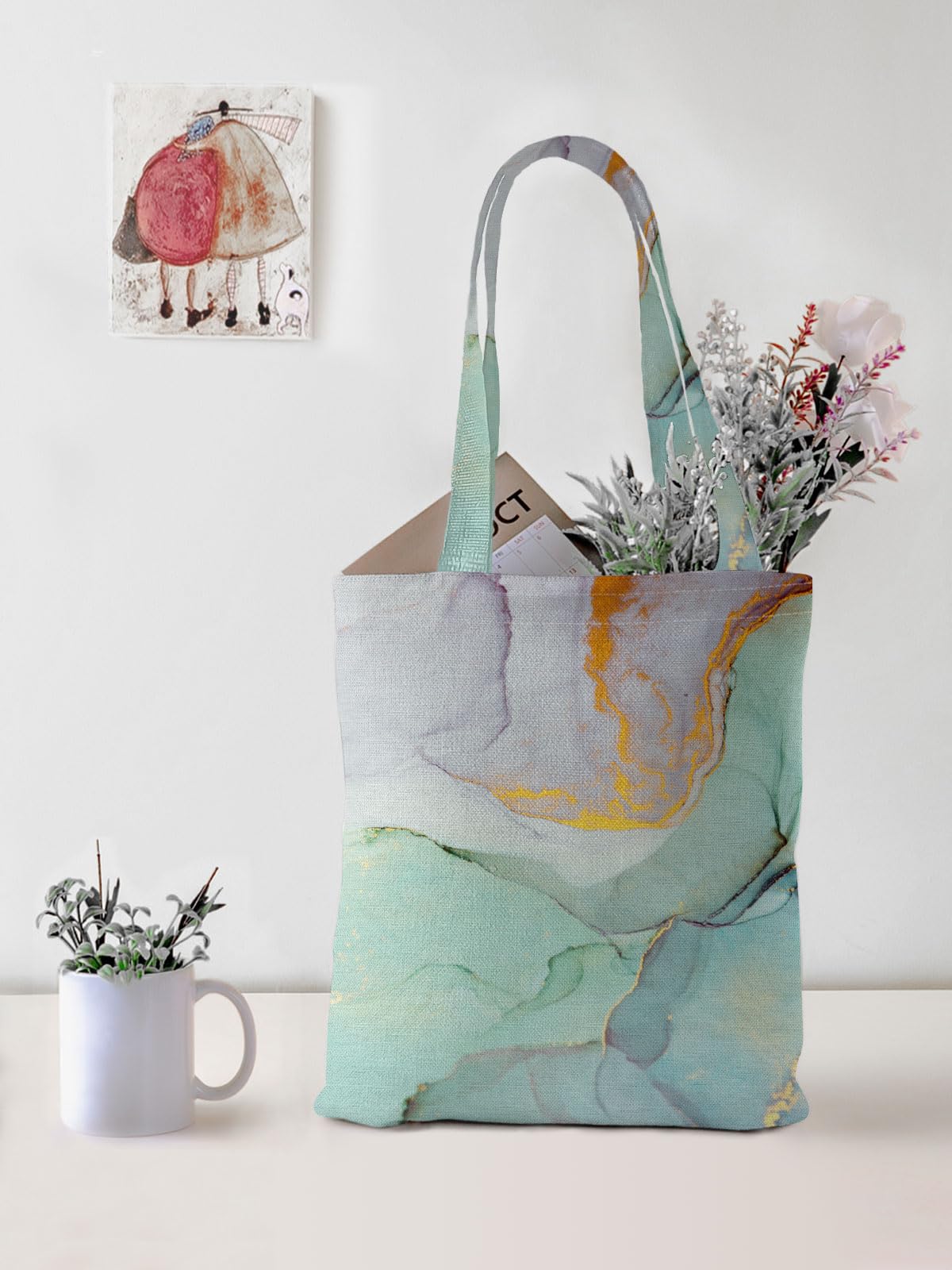 Miseleyio Colorful Marble Canvas Tote Bag & Make Up Bag Aesthetic for Women,Reusable Cloth Cotton Bags Gift