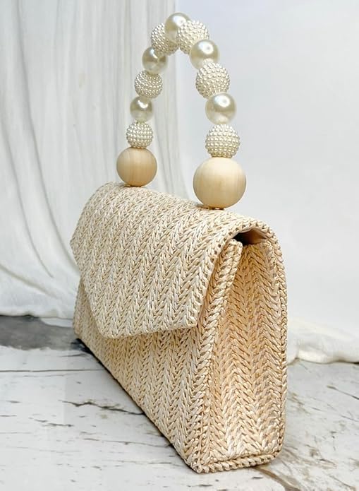 Straw Evening Handbag for Women Exquisite Pearl Beaded Top-Handle Purse Small Satchel Purse Woven Clutch Bag 2025
