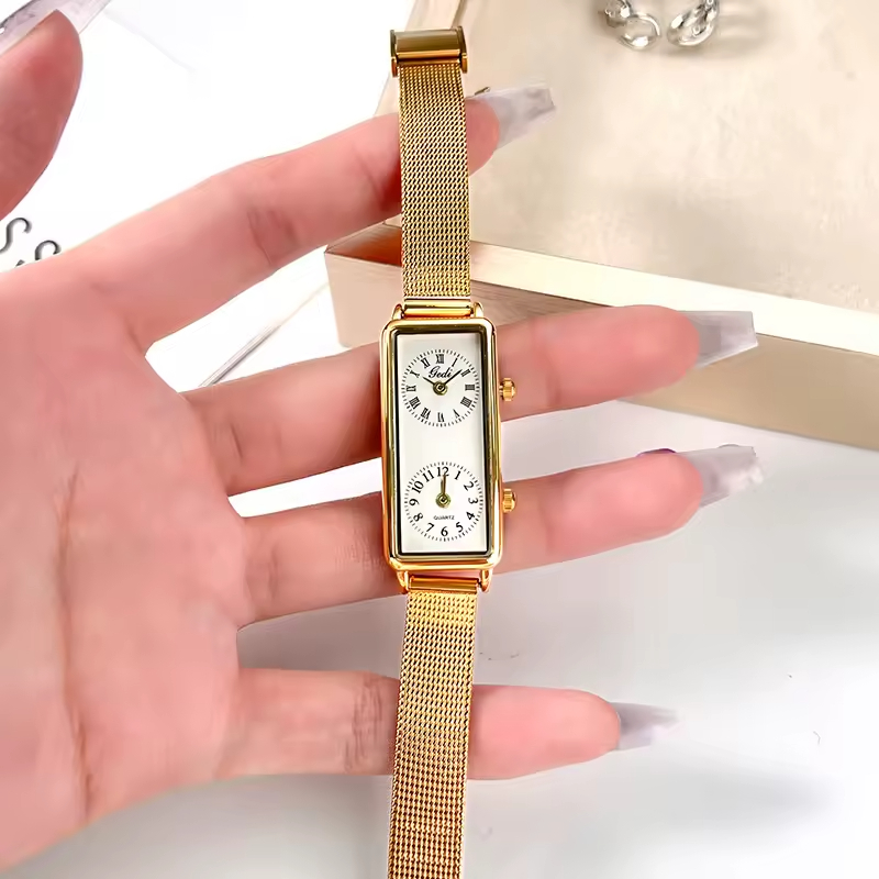 Creative Dual Time Zone Niche Retro Rectangular Women's High-end Dual Movement Waterproof Quartz Watch