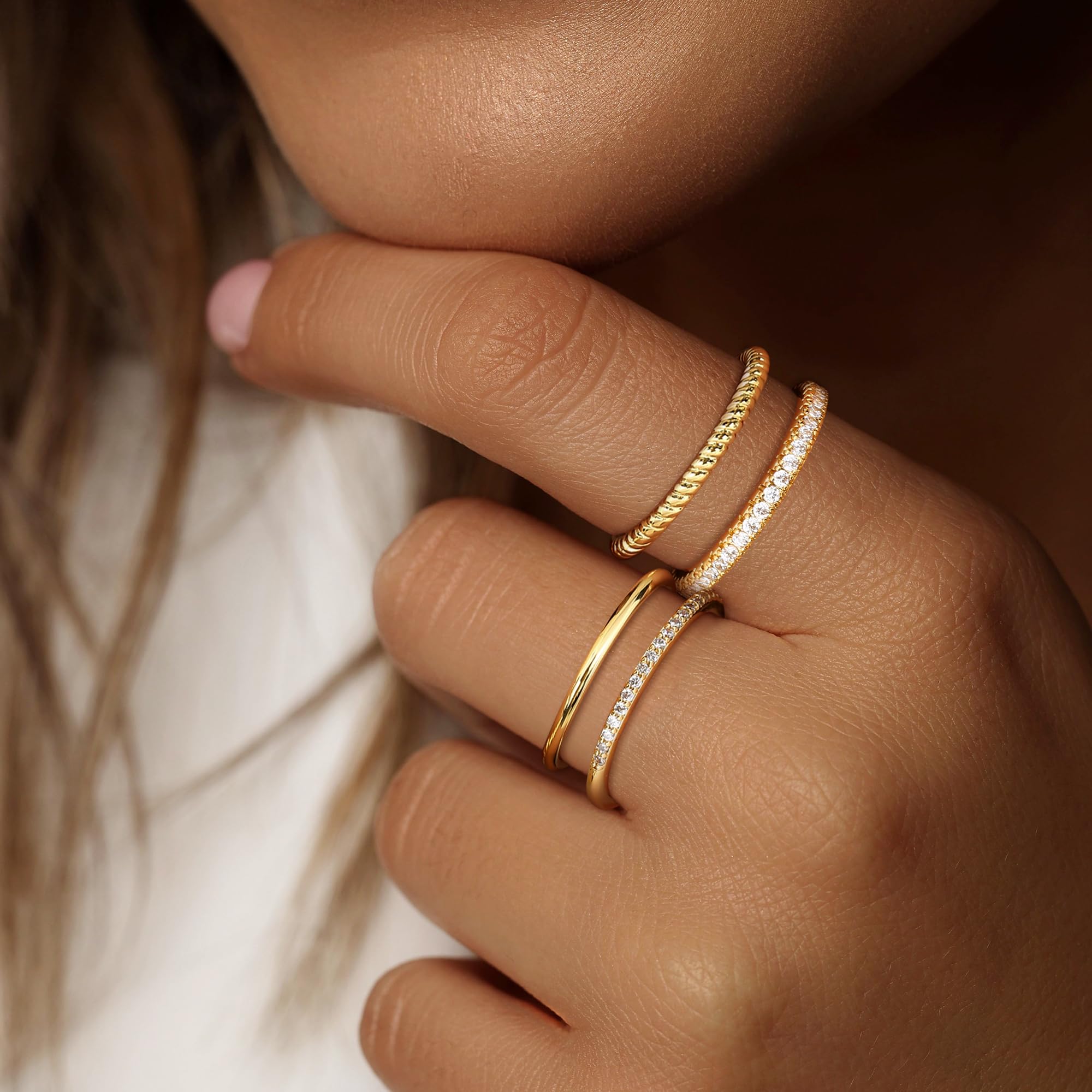 Stackable Gold Rings for Women 14K Gold Plated Stackable Thin Ring Minimalist Non Tarnish Cubic Zirconia Band Rings Dainty Trendy Statement Stacking Ring Set Size 5-10
