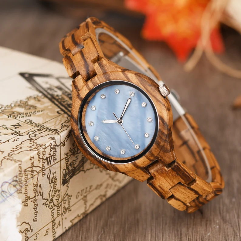 Engraved Zebra Wood Watch for Women, Personalized Anniversary Gift
